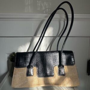Tommy Hilfiger Woven Tan Shoulder Bag with Black leather upper